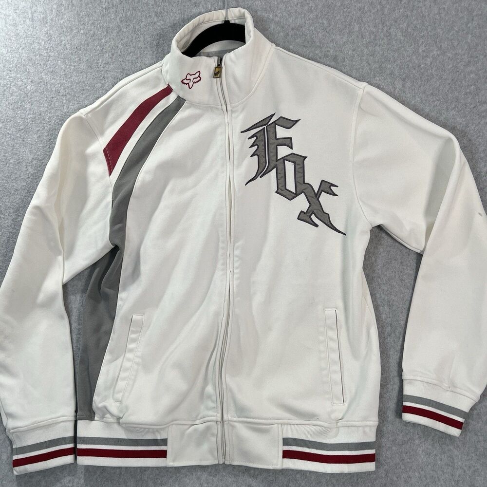Y2K Fox Racing Track Jacket Men's Medium Full Zip beige Motocross Logo